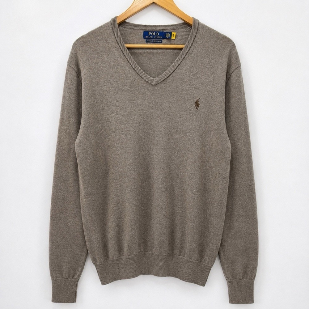 Polo Ralph Lauren Merino Wool V-Neck Sweater Taupe Brown Size Large
